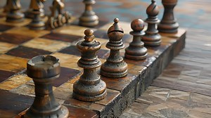 A unique chess set made entirely from recycled materials with each piece created from different objects such as bottle caps bolts and keys. The board itself is made from an old woode