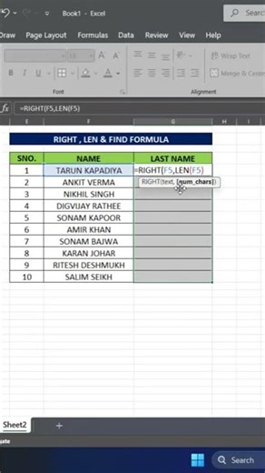 Extract Text Using RIGHT & LEN Formula | Clean Data Like a Pro in 60 Seconds! #shortsvideo