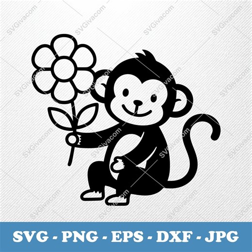 Monkey With Flower SVG | Baby Animal Vector Clipart | EPS PNG Dxf Cut Files | Cricut Silhouette - Etsy