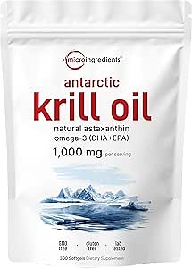 Micro Ingredients Antarctic Krill Oil Supplement with Natural Astaxanthin, 1000mg Per Serving, 300 Soft-Gels, Rich in Omega-3s EPA & DHA, Supports Immune System & Brain Health, Easy to Swallow