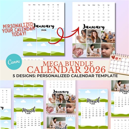 2026 Personalized Calendar Template | Mega Bundle | 5 Editable Designs | Canva Printable Calendar | Photo Calendar | DIY Custom Planner - Etsy