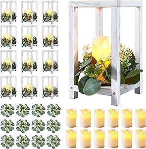 Amazon.com: 36 Pcs Wooden Wedding Lantern Centerpiece,Include 12 Candle Holders 12 LED Candles 12 Eucalyptus Leaves Wreath for Rustic Wedding Table Decoration,Country Barn Table Valentine Decor (Retro White) : Home & Kitchen