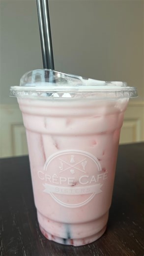 Crêpe Café Sisters | Flirty Fizz, one of two Italian soda options on our Valentine’s Day menu. This one with white peach and raspberry. | Instagram
