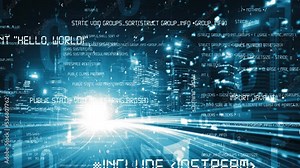 Software development, application programming code and tacit computer coding . Concept of smart digital transformation and technology disruption that changes global trends in new information era .