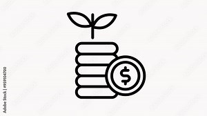 Animated coin stack with a plant growing out of it. Suitable for finance, investment, growth concepts, environmental and sustainable finance themes.