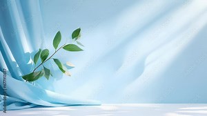 A cool blue background that reflects the calmness of a summer sky. Sunlight filters through curtains, casting subtle shadows of dancing leaves onto a sleek and glossy tabletop, showcasing Stock Video