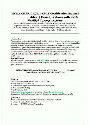 Latest HFMA CHFP CRCR CSAF Certification Exams Edition Verified Exam Questions with Correct Answers