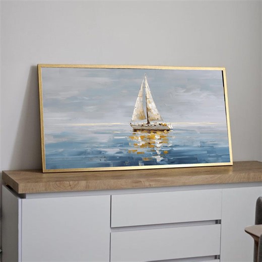 Tranquil Sailboat Painting, Nautical Canvas Wall Art, Seascape Reflection, Coastal Decor, Maritime Home Decoration, Ready to Hang Canvas - Etsy