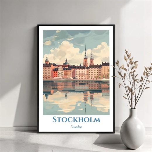 Stockholm Poster - Illustrierte Reise, Wandkunst - Gamla Stan & Waterfront-Szene, Nordische Architektur, Glanzpapier - Etsy.de