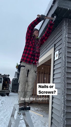 I sided this garage but forgot to bring fascia nails, I wasn’t about to go back to the shop cause I wanted an early day and to get the garage finished. So I took a few minutes the next morning to put them in since it was on the way to another appointment. In the 2 years I’ve been posting, I’ve been called a hack many times for using nails instead of screws. I agree that smooth nails will pull out and chances of call backs are higher. But I use painted, stainless steel ring shanked nails. I live 