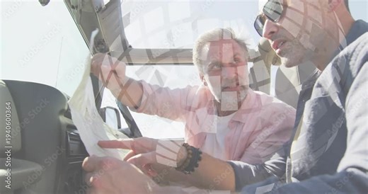 Passenger unfolding map, driver leaning, both tracing route for travel with animated lines over map