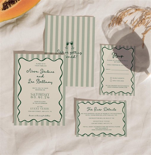 Wedding Invitation Suite Template, Modern Wedding Invite Set, Whimsical Wedding Suite, Wavy Invitation for Wedding, Illustrated Invite - Etsy