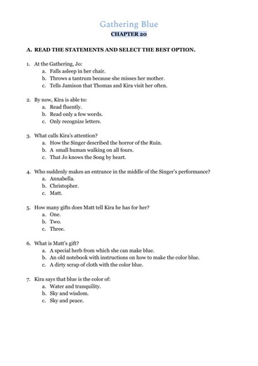 Gathering Blue Chapter 20 worksheet