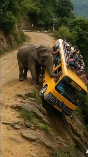 a elephant pushes bus off cliff 😱
