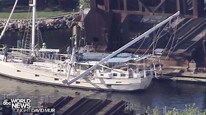 MAST SNAPPED: The 50-foot mast of a large sailboat was destroyed when the boat struck a railroad bridge in Fort Lauderdale, with one injury reported and rail traffic stuck at a standstill as the vessel was freed. https://bit.ly/2ElfnNG | ABC World News Tonight with David Muir