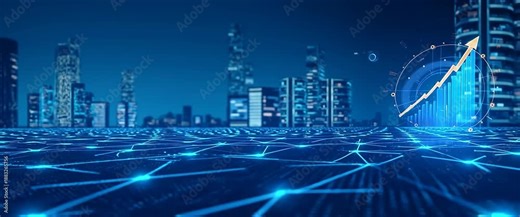 Futuristic cityscape with digital stock market graph animation, as camera slowly pans to reveal dynamic skyscrapers and ambient glowing lights, cinematic and technology-focused.