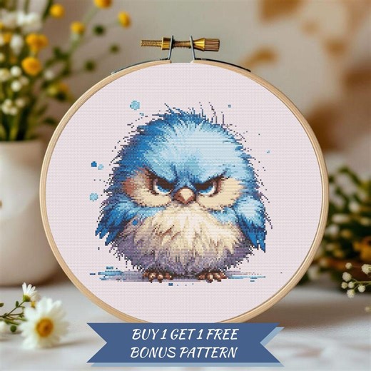 Angry Blue Bird Cross Stitch Pattern, Fluffy Embroidery Design, Modern Needlepoint Art (PDF SVG) - Etsy