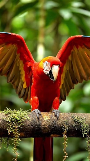 Scarlet Macaw Suddenly Spreads Its Wings and Calls
