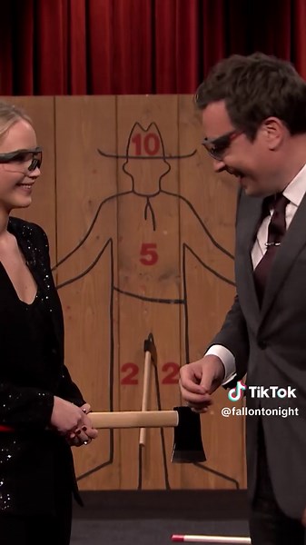#JenniferLawrence challenges Jimmy to an axe-throwing contest! #FallonTonight