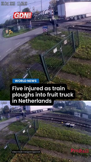 81K views · 99 reactions | A train ploughed into the side of a fruit truck on a level crossing in the Dutch village of Meteren. CCTV footage of the incident, from Thursday, shows a truck reversing across the tracks before the barriers begin to descend. Read more: https://www.gdnonline.com/Details/1367486 #gdnonline #bahrain | Gulf Digital News - Online | Facebook