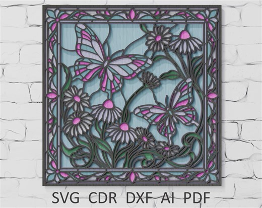 Butterfly and Flower Stained Glass Shadow Box Svg, Spring Daisy Wildflower Svg, Floral Layered Paper Cut, DIY Wall Art Decor, for Cricut