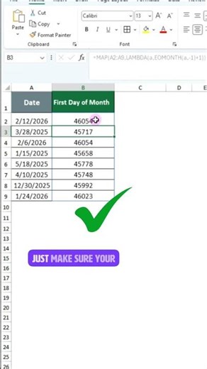 Excel MAP + LAMBDA + EOMONTH 🔥 First Day of Month Instantly