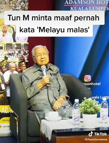 Tun Dr Mahathir Mohamad memohon maaf kepada orang Melayu sekiranya terguris mengenai kenyataan kontroversi suatu ketika dahulu bahawa ‘Melayu malas’ . Bagaimanapun, bekas Perdana Menteri itu tertanya-tanya sama ada permohonan maaf itu mampu mengubah keadaan orang Melayu jika mereka tidak berusaha. Beliau berkata demikian ketika menjawab gesaan seorang peserta di dalam program Dialog Parti Politik Melayu-Islam, di Hotel Adamson Kuala Lumpur, pada Ahad. (boleh rujuk klip video sebelum ini) #dialog
