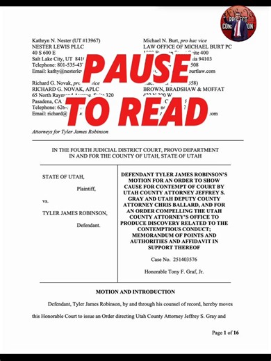 Tyler Robinson's DEFENSE Team Files New Motion For CONTEMPT After Officials Continue To Talk PUBLICLY About The Case—In Violation Of Gag Order ⚖️We've just obtained a new explosive new 16-page motion filed by Tyler Robinson’s legal team. The defense is officially asking the Court to hold Utah County Attorney Jeffrey S. Gray and Deputy County Attorney Chris Ballard in Contempt of Court.The establishment is playing a dangerous game with the right to a fair trial, and we have the receipts on their