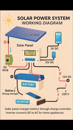 SOLAR POWER SYSTEM WORKING DIAGRAM | 𝘗𝘰𝘸𝘦𝘳𝘦𝘥 𝘉𝘺 𝘌𝘭𝘦𝘤𝘵𝘳𝘪𝘤𝘪𝘵𝘺