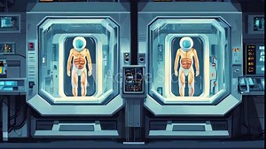video of human cloning with male and female figures developing in glass chambers inside a lab. Concept of astronaut hibernation for extended space missions - sci-fi tech illustration