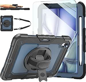 Ambison Case for iPad Air 11'' M3/M2 2025/2024, iPad Air 7th/6th Generation Case, [Kids Proof] Heavy Duty with 9H Tempered Glass Screen Protector, 360° Rotatable Kickstand/Hand Strap (Steel Blue)