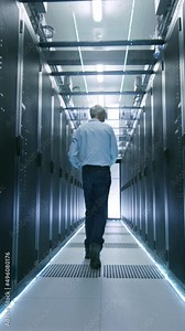 Following Shot of Server Engineer Walking into Opening Sliding Doors and Goes Through Data Center Corridor. Working Server Racks Blink with LED Lights. Vertical Screen Orientation Video