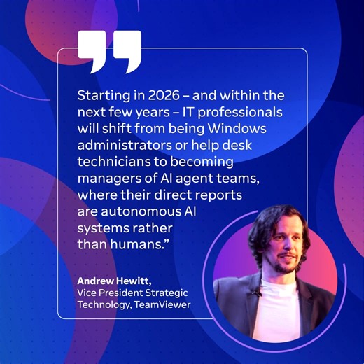 TeamViewer on Instagram: "What if IT professionals are no longer only system administrators, but also managers of AI agents? As automation takes over repetitive tasks, the future of IT may shift toward orchestrating AI-driven systems alongside human teams. Our Vice President of Strategic Technology, Andrew Hewitt, shares his perspective on what this transformation could mean for the years ahead. Explore this and the other TeamViewer 2026 predictions, link in bio."