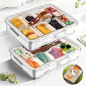 Snackle-Box-Container,Snack-Tackle Box,Portable Divided Serving-Tray with Lid and Handle for Candy/Fruits/Nuts/Snacks/Veggie(2 PACK)