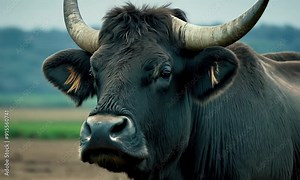Black Aurochs bull locks eyes with the camera, its powerful presence dominating the pasture. The Mighty Aurochs' Gaze