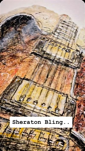 Mr 335?! (sound on!!). Well, almost!! The poor man’s equivalent maybe?! This is the golden blinginess of my late 80’s Korean Epiphone Sheraton. And what a nice guitar it is to… in all its Tobacco Burst glitzy glory. 36 years old and wearing it well. You can really hear that ‘patina’ too. Like a fine wine, age has only improved it. One from my new raggedy-edged ‘musical details’ collection… an ongoing exploration of ‘visuals’ in music. . Could you see your guitar collection importalised in art, h