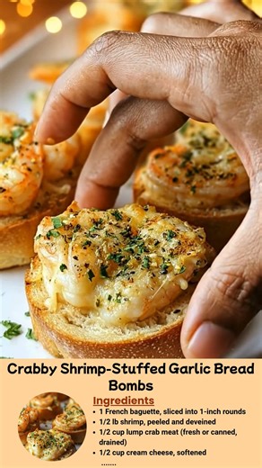 Crabby Shrimp-Stuffed Garlic Bread Bombs Golden, crispy baguette slices loaded with creamy crab mix, juicy shrimp, and garlicky cheese — the perfect bite-sized seafood indulgence you can’t stop eating! Ingredients: 1 French baguette, sliced into 1-inch rounds 1/2 lb shrimp, peeled and deveined 1/2 cup lump crab meat (fresh or canned, drained) 1/2 cup cream cheese, softened 1/4 cup mayonnaise 1 cup shredded mozzarella or Monterey Jack cheese 2 tbsp grated Parmesan cheese 2 cloves garlic, minced 2