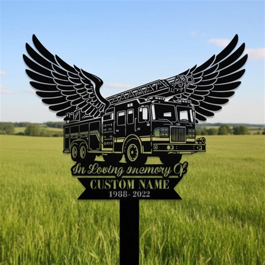 Personalized Firefighter Memorial Garden Stake, In Loving Memory Fire Truck Yard Sign, Custom Name Dates Outdoor Memorial