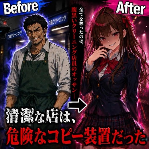 【他者変身TSF】腹黒クリーニング店員のオッサン→JKにコピー変身…清潔な店の裏がヤバすぎたｗ【AIアニメ】【コピーライト】