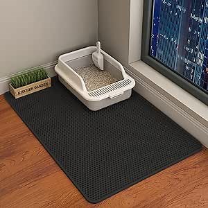 Cat Litter Mat Cat Litter Trapping Mat, 35 x 24 inch Honeycomb Double Layer Design, Urine and Water Proof Material, Scatter Control, Less Waste, Easier to Clean, Washable black