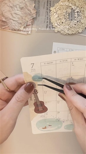 [Planner Decoration] Decorating my July monthly page with cute summer stickers🐚🩵*゜