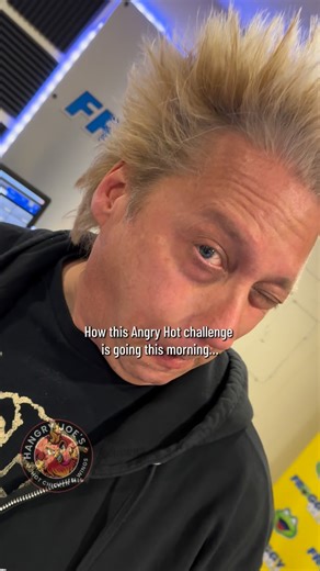 FR🐸GGY 99.9 on Instagram: "It didn’t start out smooth this morning for the @hangryjoesfargo Angry Hot challenge 😳😂🔥 Stay tuned…more coming #hangryjoeshotchicken #wings #challenge #froggy #scotchtankandmandy"