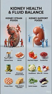 Your kidneys play a vital role in fluid balance, waste filtration, and electrolyte regulation. This educational infographic titled “KIDNEY HEALTH & FLUID BALANCE” compares foods that may increase kidney strain versus those that support healthy function. 🚫 Kidney Strain Foods: Canned soup, bacon, pickles, processed cheese slices, frozen pizza, and high-sodium crackers — often high in sodium and preservatives that may burden kidney function when consumed excessively. ✅ Kidney-Support Foods: Red b