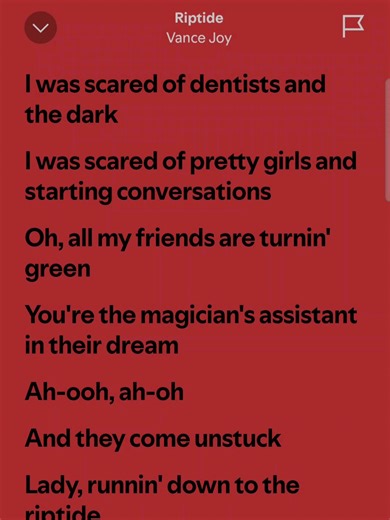 Riptide by Vance Joy. The song is about love, fear, and insecurity, using vivid imagery to depict a longing for connection and escape. Sorry because the video isn't full tik tok wouldn't let me.#Riptide #foryoupage #fyp #vancejoy #spotify #songs #popularspotifysongs #