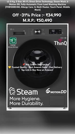 LG 8 Kg 5 Star, Wi-Fi Direct Drive Technology, Steam Wash Fully-Automatic Front Load Washing Machine