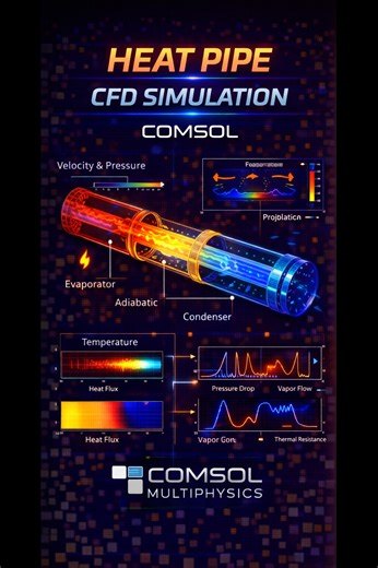 Matlab projects Code on Instagram: "🔥 Heat Pipe COMSOL CFD Simulation This project demonstrates thermal-fluid behavior inside a heat pipe using COMSOL Multiphysics (CFD + Heat Transfer) for advanced thermal management studies. 🔹 Temperature distribution & heat flux 🔹 Evaporator → adiabatic → condenser region analysis 🔹 Pressure drop & vapor flow visualization 🔹 Thermal resistance / effectiveness evaluation 🔹 Applications: electronics cooling, heat exchangers, energy systems 🌐 www.matlabpr