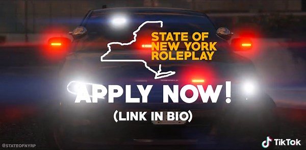 State Of New York Roleplay is now open and accepting applications for all departments. Application’s in bio! #roleplay #fivem #police #nysp #newyorkstatepolice #gta5rp #fivemrp #fivemserver #foryou #xybca #gtarp