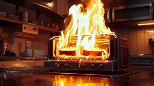 A toaster on fire in a kitchen with a toaster oven on the stove