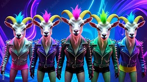 video group of goats dressed in sparkly, neon-bright rock punk outfits, set against a vibrant backdrop with space for text. Ideal for commercials, editorial ads, or party invitations