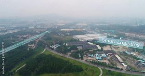 Smart logistics inscription. Smart logistics infographics. Smart factory top view. Visualization of smart logistics. Smart logistics concept